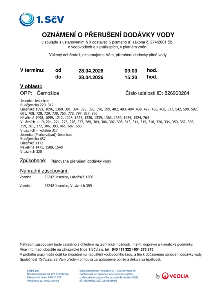 Oznámení o přerušení dodávky vody 28. 4. 2026
